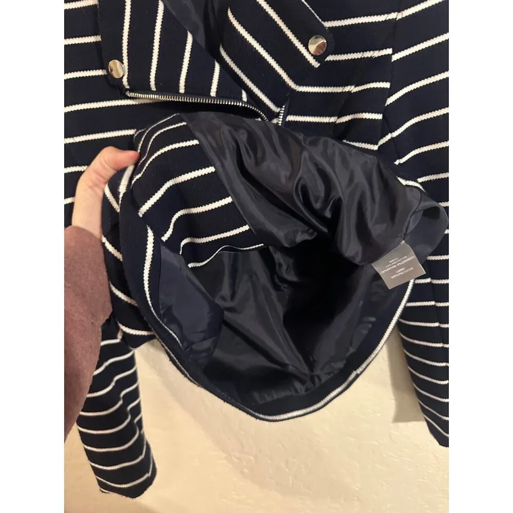 Bagatelle Y Navy & White Pocketed Striped Zipper Moto Sweater Jacket - Picture 12 of 13